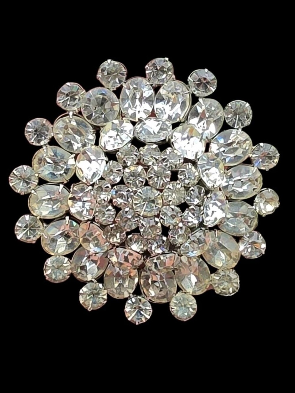 Vintage Unsigned Weiss Style Starburst Domed Clear Rhinestone Large Brooch 2.5”